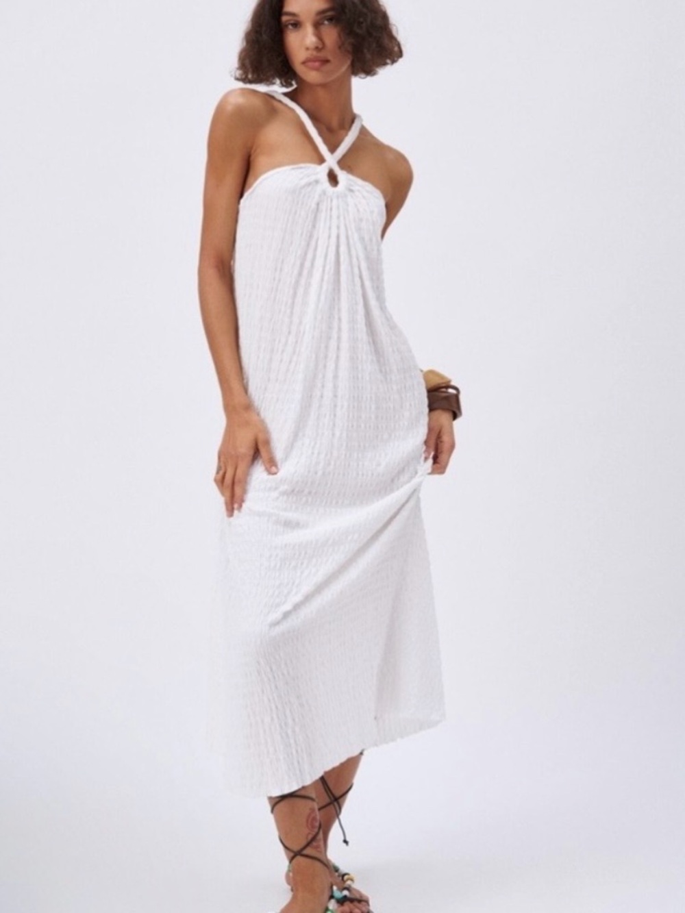 Zara White Textured Halter Midi with Knot Detail